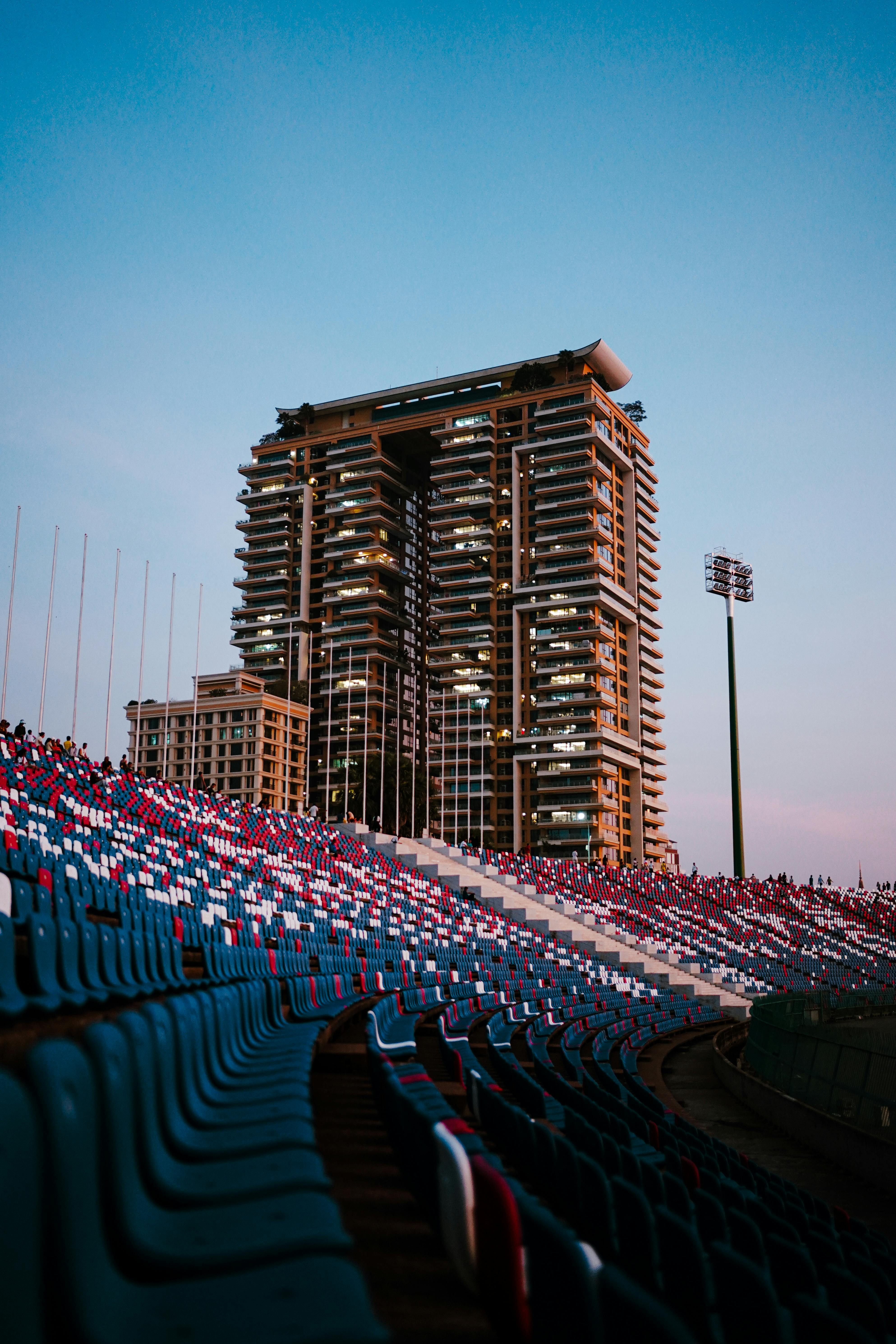 New stadium and skyline at dusk